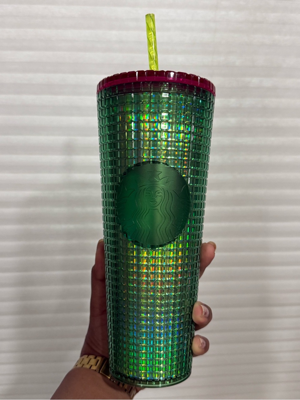 Starbucks Green Iridescent Studded Tumbler with Pink Lid and Yellow Straw